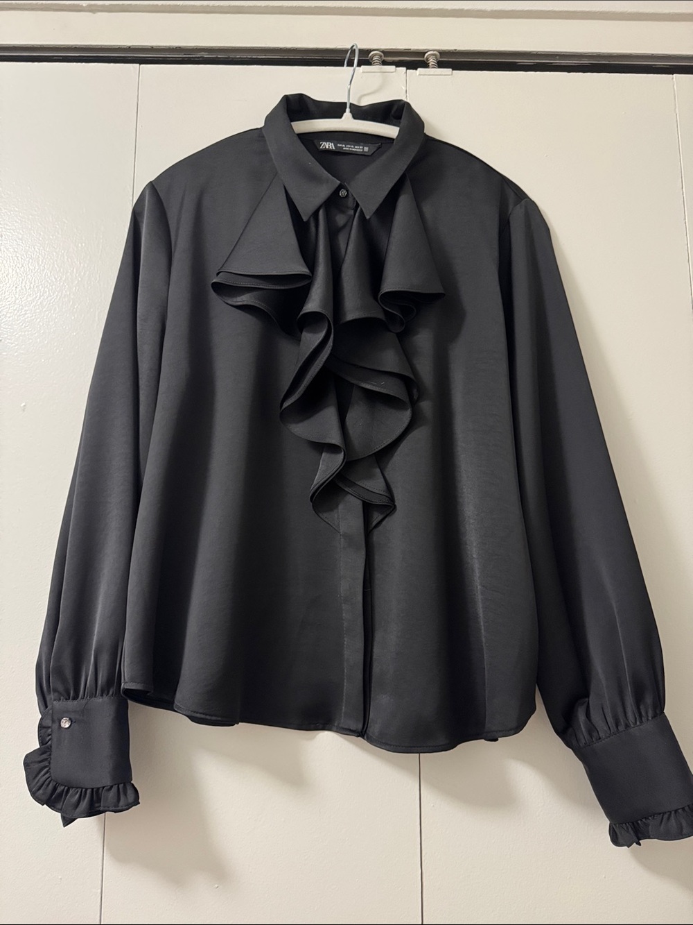 NWOT Zara Black Satin Ruffle-Front Long Sleeve Blouse